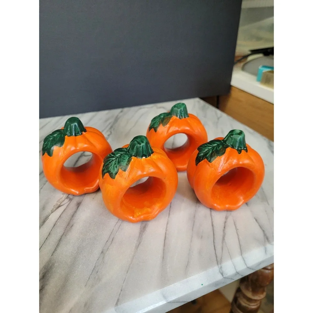 Vintage Ceramic Pumpkin Napkin Rings Set Of 4 Halloween Fall Thanksgiving 3